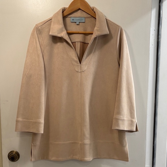 Tuckernuck Tops - Tuckernuck  Bone Tan Suede Margot Stand Collar Blouse Tunic Top Large